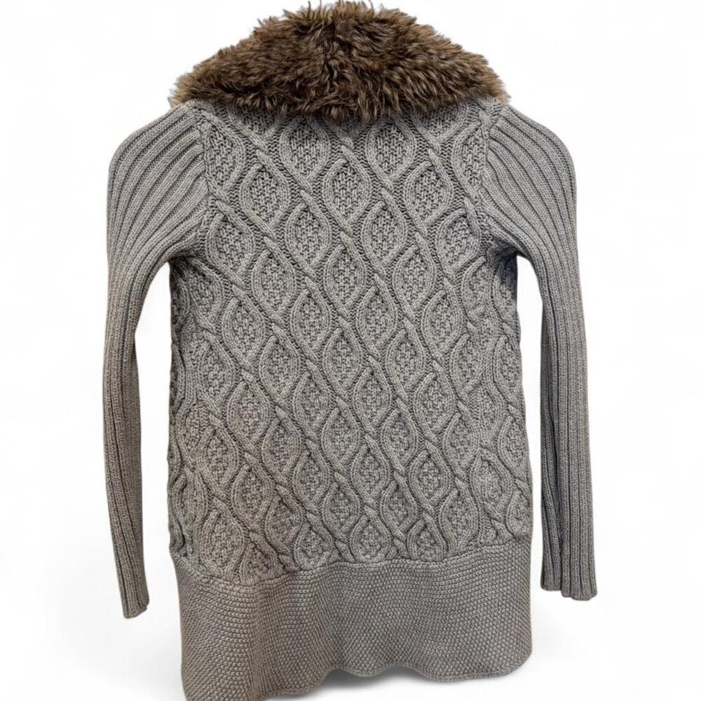 Y2K Faux Fur Collar Cable Knit Cropped Cardigan Grey XXS - Picture 2 of 4